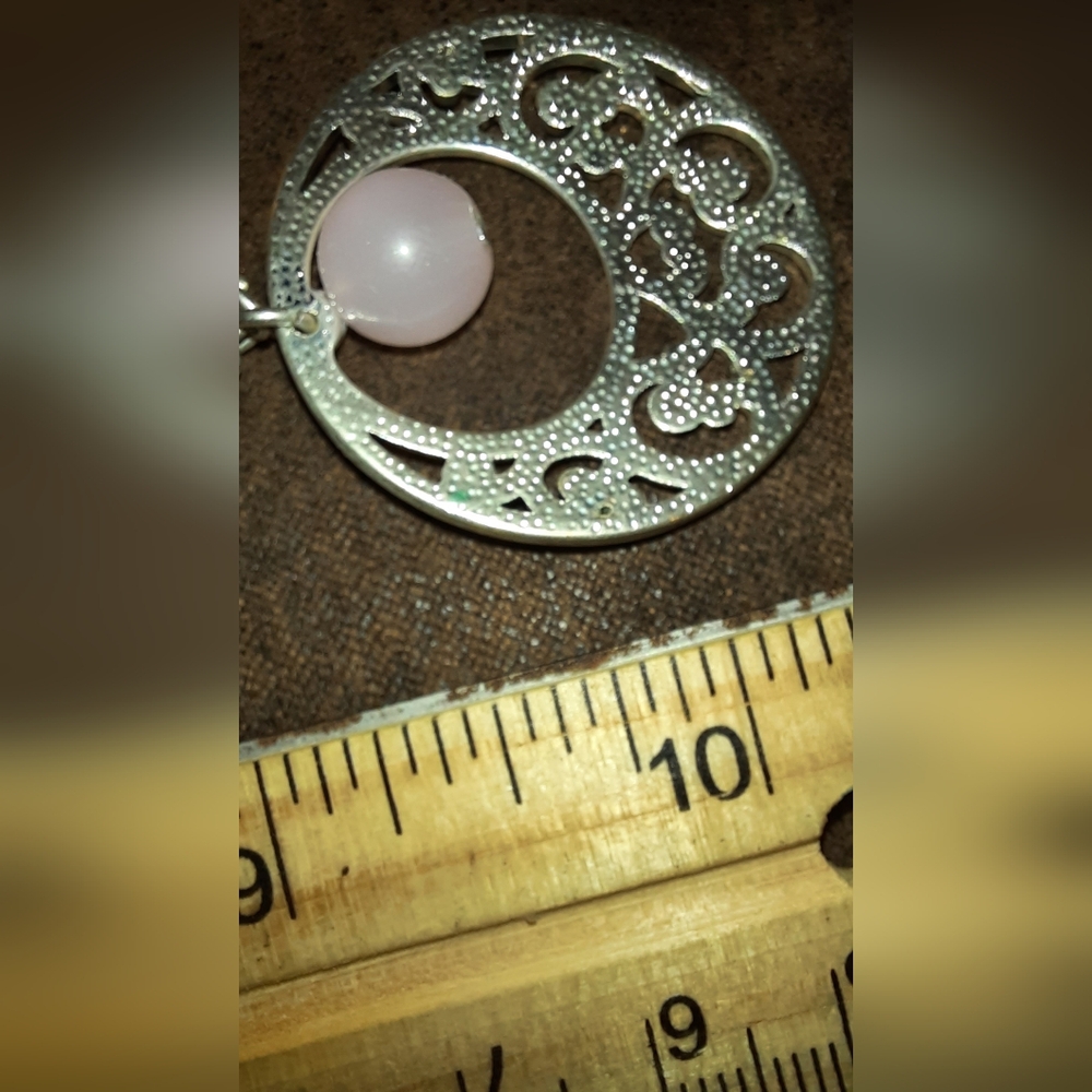 Signed Pink Quartz Dangle Silvertone Filigree Pen… - image 4